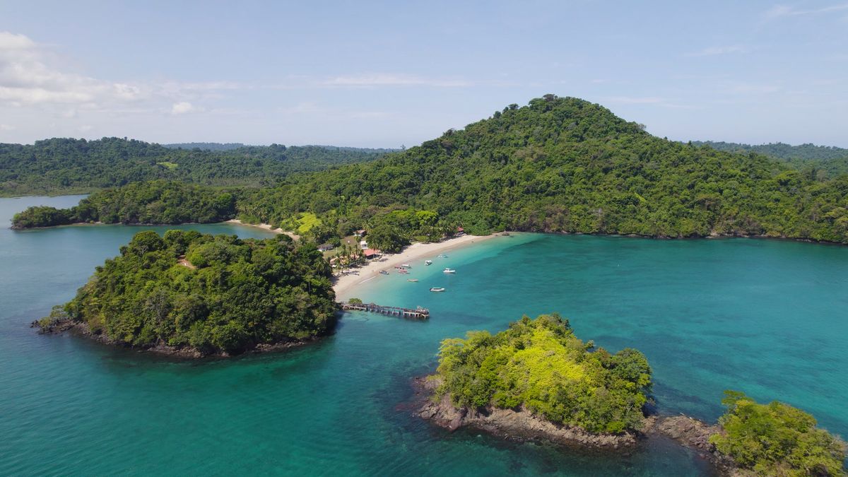 A green island with a white beach and turquoise water on Panama's Pacific coast